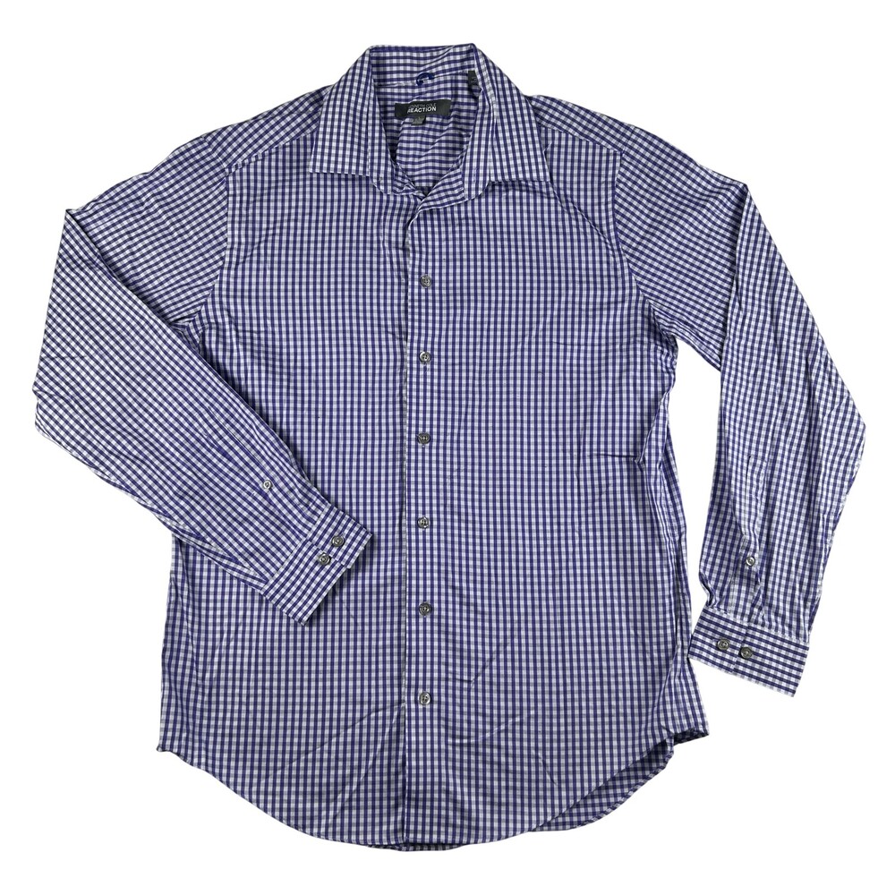 Kenneth Cole Reaction Shirt Mens 16.5 34/35 Purple Gingham Slim Fit Non Iron